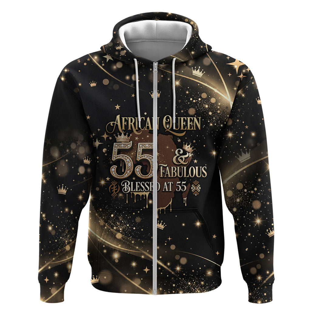 Personalized African Queen 55th Birthday Hoodie Black Yellow Glitter Sparkle Afro Crown Glam Art