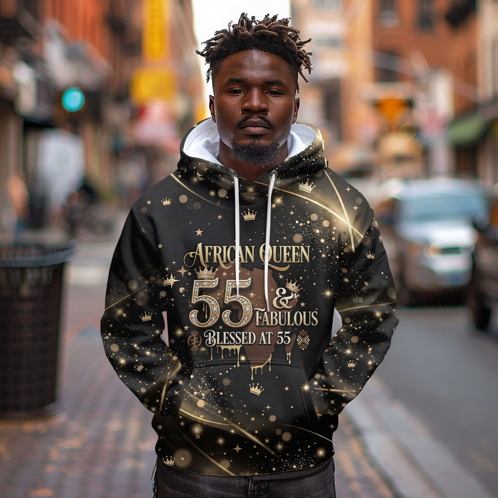 Personalized African Queen 55th Birthday Hoodie Black Yellow Glitter Sparkle Afro Crown Glam Art