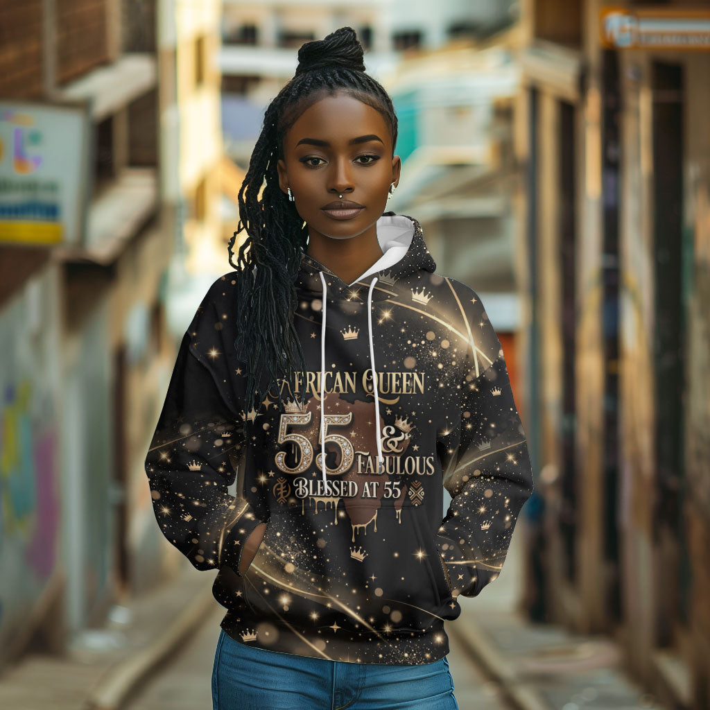 Personalized African Queen 55th Birthday Hoodie Black Yellow Glitter Sparkle Afro Crown Glam Art