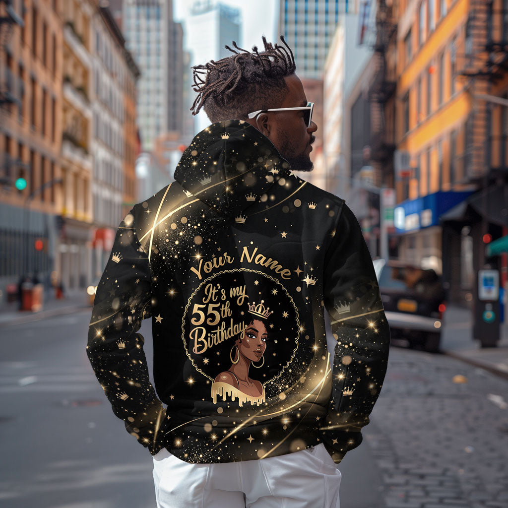 Personalized African Queen 55th Birthday Hoodie Black Yellow Glitter Sparkle Afro Crown Glam Art