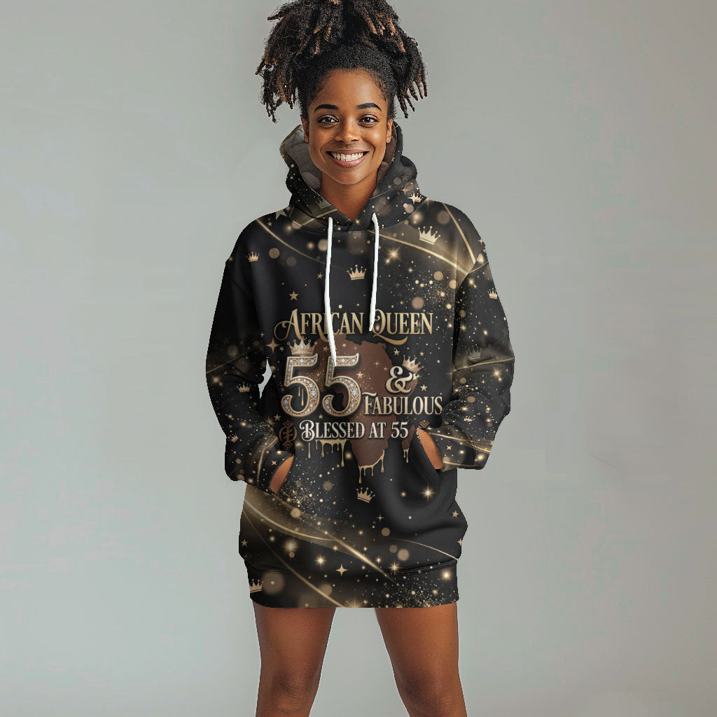 Personalized African Queen 55th Birthday Hoodie Dress Black Yellow Glitter Sparkle Afro Crown Glam Art