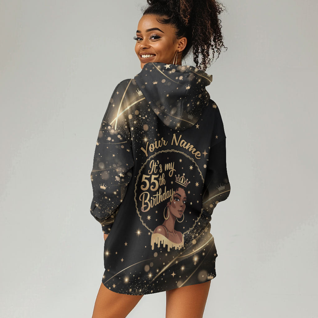 Personalized African Queen 55th Birthday Hoodie Dress Black Yellow Glitter Sparkle Afro Crown Glam Art