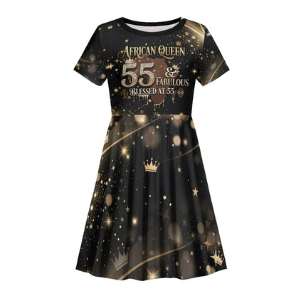 Personalized African Queen 55th Birthday Kid Short Sleeve Dress Black Yellow Glitter Sparkle Afro Crown Glam Art