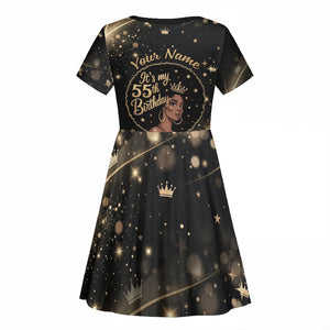 Personalized African Queen 55th Birthday Kid Short Sleeve Dress Black Yellow Glitter Sparkle Afro Crown Glam Art