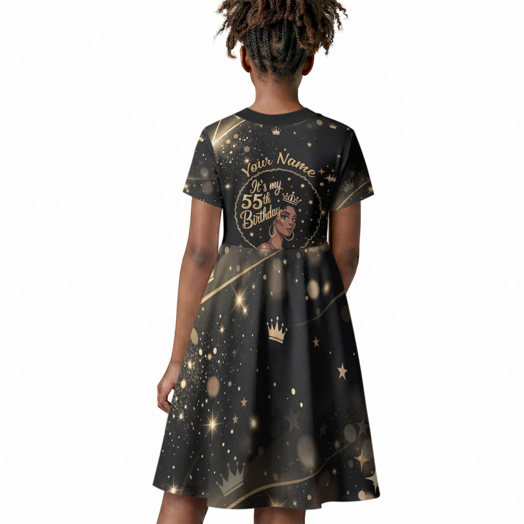 Personalized African Queen 55th Birthday Kid Short Sleeve Dress Black Yellow Glitter Sparkle Afro Crown Glam Art