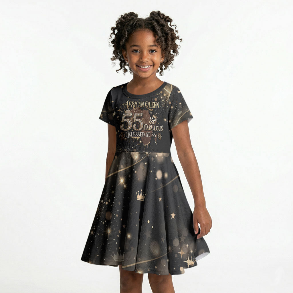 Personalized African Queen 55th Birthday Kid Short Sleeve Dress Black Yellow Glitter Sparkle Afro Crown Glam Art