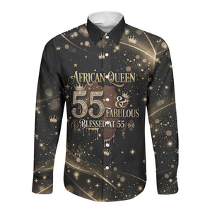 Personalized African Queen 55th Birthday Long Sleeve Button Shirt Black Yellow Glitter Sparkle Afro Crown Glam Art