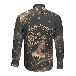 Personalized African Queen 55th Birthday Long Sleeve Button Shirt Black Yellow Glitter Sparkle Afro Crown Glam Art