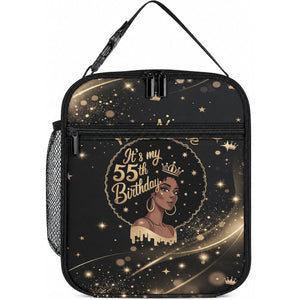 Personalized African Queen 55th Birthday Lunch Bag Black Yellow Glitter Sparkle Afro Crown Glam Art