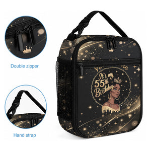 Personalized African Queen 55th Birthday Lunch Bag Black Yellow Glitter Sparkle Afro Crown Glam Art