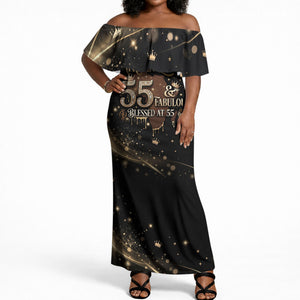 Personalized African Queen 55th Birthday Off Shoulder Maxi Dress Black Yellow Glitter Sparkle Afro Crown Glam Art