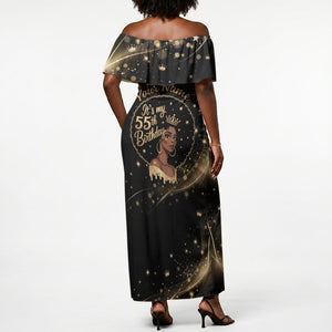 Personalized African Queen 55th Birthday Off Shoulder Maxi Dress Black Yellow Glitter Sparkle Afro Crown Glam Art