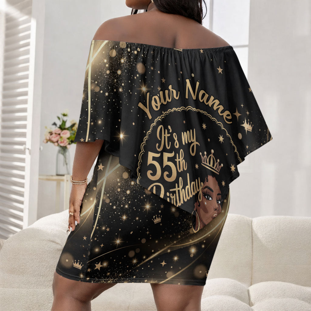 Personalized African Queen 55th Birthday Off Shoulder Short Dress Black Yellow Glitter Sparkle Afro Crown Glam Art