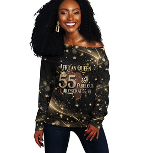 Personalized African Queen 55th Birthday Off Shoulder Sweater Black Yellow Glitter Sparkle Afro Crown Glam Art