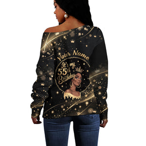 Personalized African Queen 55th Birthday Off Shoulder Sweater Black Yellow Glitter Sparkle Afro Crown Glam Art