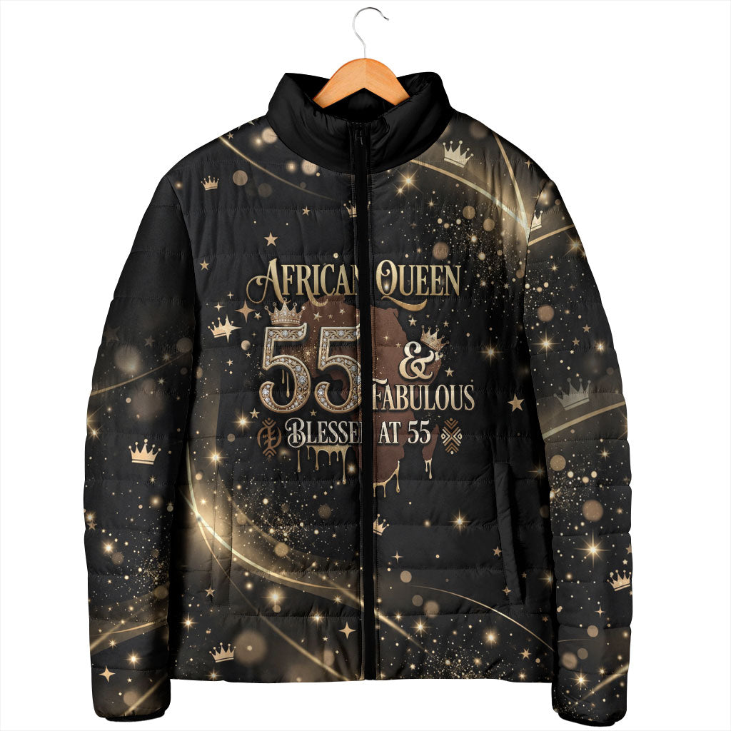 Personalized African Queen 55th Birthday Padded Jacket Black Yellow Glitter Sparkle Afro Crown Glam Art