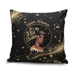 Personalized African Queen 55th Birthday Pillow Cover Black Yellow Glitter Sparkle Afro Crown Glam Art