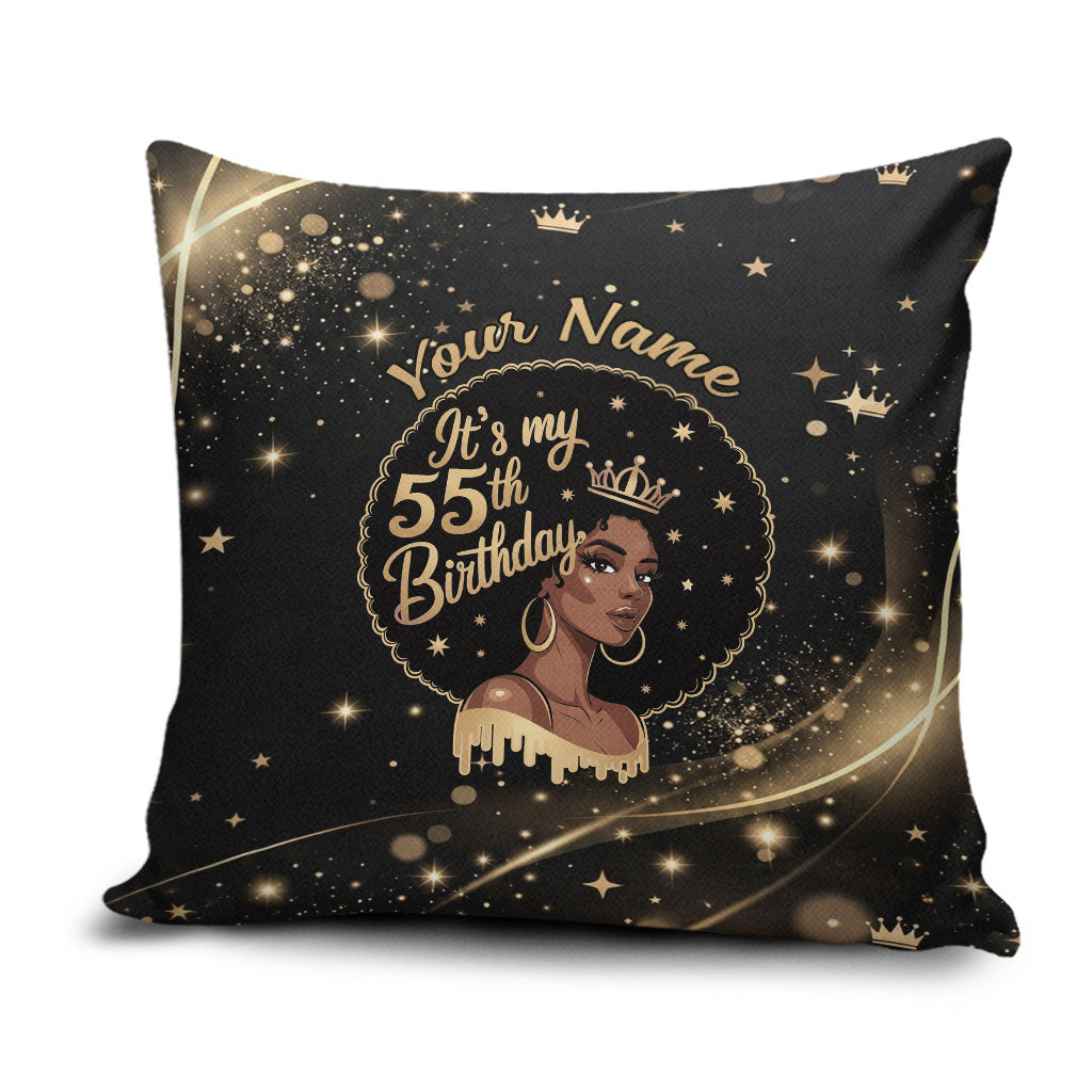 Personalized African Queen 55th Birthday Pillow Cover Black Yellow Glitter Sparkle Afro Crown Glam Art