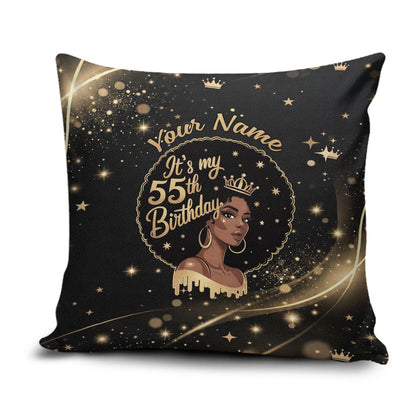 Personalized African Queen 55th Birthday Pillow Cover Black Yellow Glitter Sparkle Afro Crown Glam Art