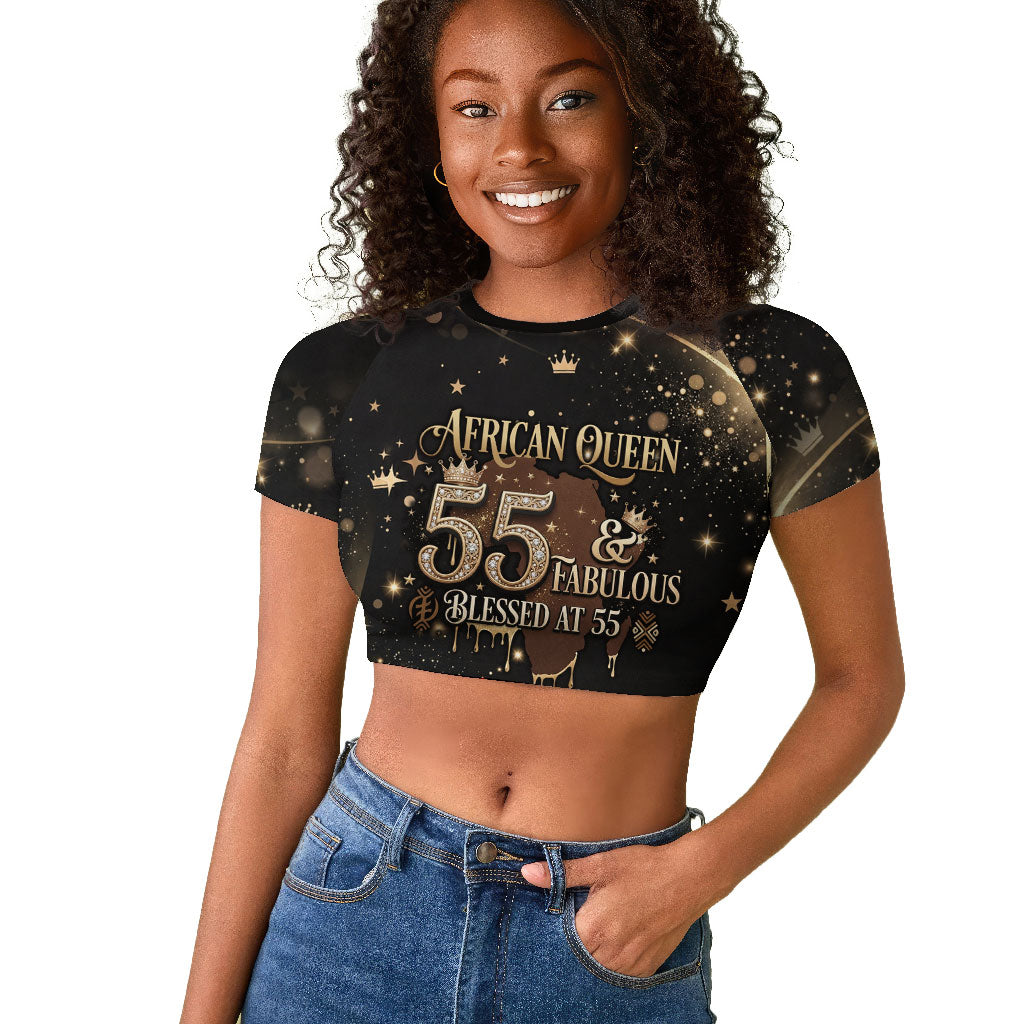 Personalized African Queen 55th Birthday Raglan Cropped T shirt Black Yellow Glitter Sparkle Afro Crown Glam Art