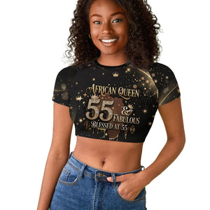 Personalized African Queen 55th Birthday Raglan Cropped T shirt Black Yellow Glitter Sparkle Afro Crown Glam Art