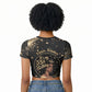 Personalized African Queen 55th Birthday Raglan Cropped T shirt Black Yellow Glitter Sparkle Afro Crown Glam Art