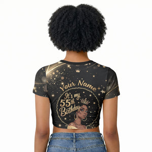 Personalized African Queen 55th Birthday Raglan Cropped T shirt Black Yellow Glitter Sparkle Afro Crown Glam Art