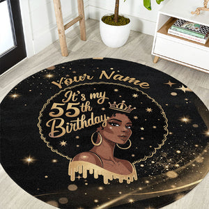 Personalized African Queen 55th Birthday Round Carpet Black Yellow Glitter Sparkle Afro Crown Glam Art