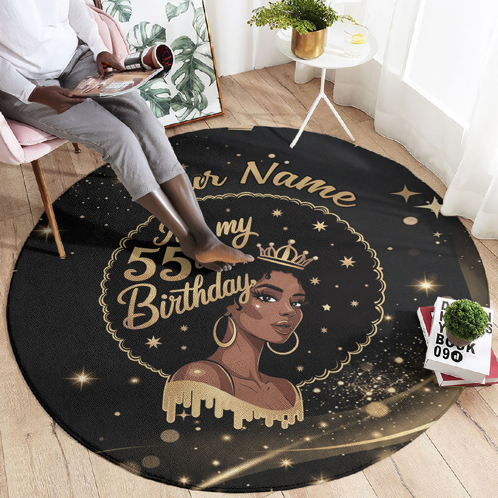 Personalized African Queen 55th Birthday Round Carpet Black Yellow Glitter Sparkle Afro Crown Glam Art