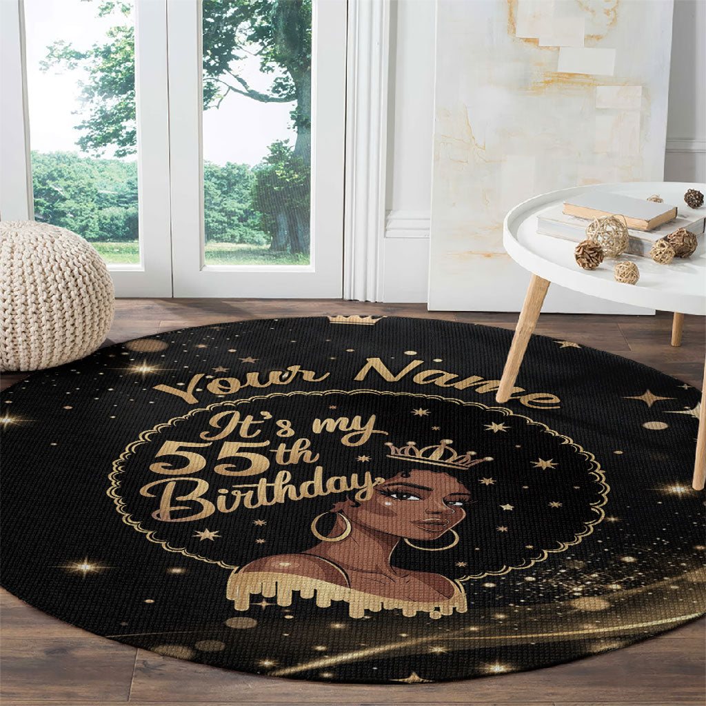 Personalized African Queen 55th Birthday Round Carpet Black Yellow Glitter Sparkle Afro Crown Glam Art