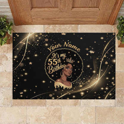 Personalized African Queen 55th Birthday Rubber Doormat Black Yellow Glitter Sparkle Afro Crown Glam Art