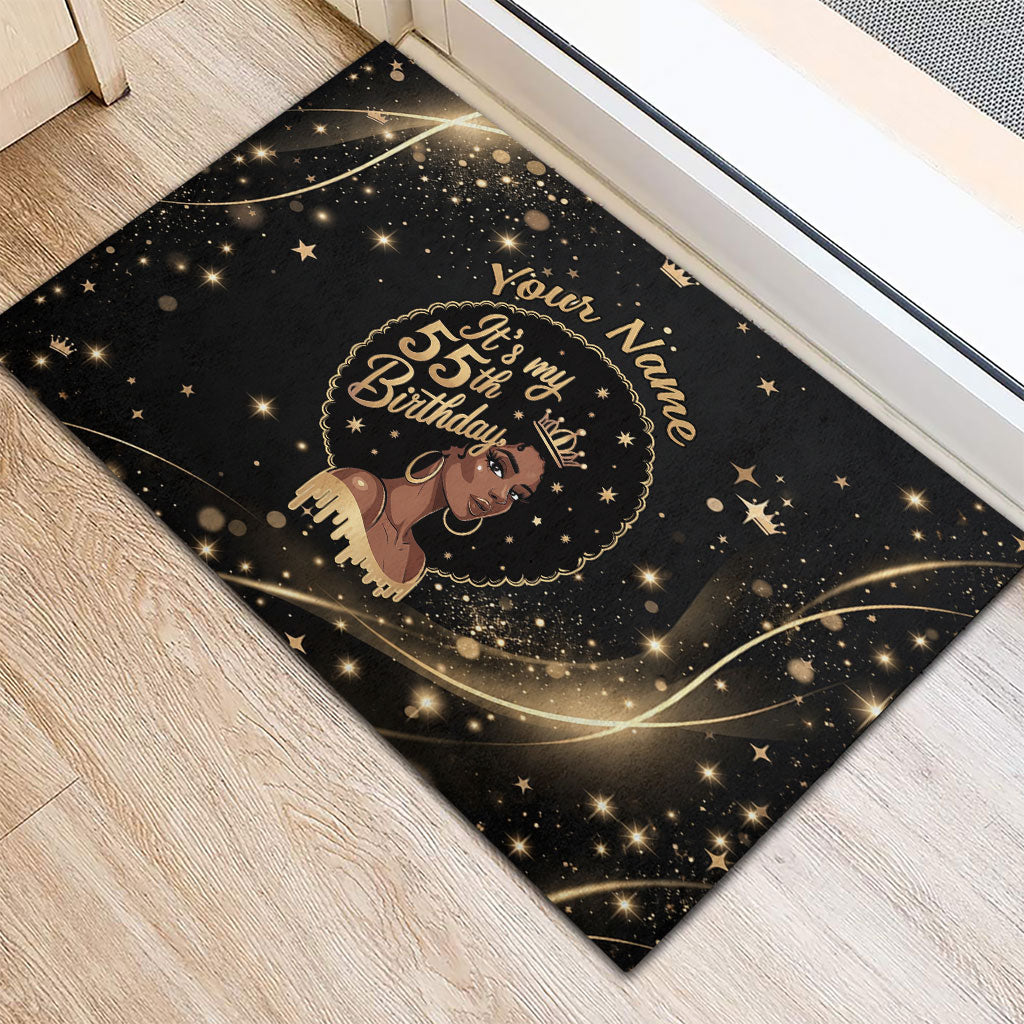 Personalized African Queen 55th Birthday Rubber Doormat Black Yellow Glitter Sparkle Afro Crown Glam Art