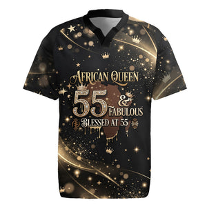 Personalized African Queen 55th Birthday Rugby Jersey Black Yellow Glitter Sparkle Afro Crown Glam Art