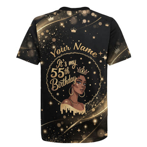 Personalized African Queen 55th Birthday Rugby Jersey Black Yellow Glitter Sparkle Afro Crown Glam Art