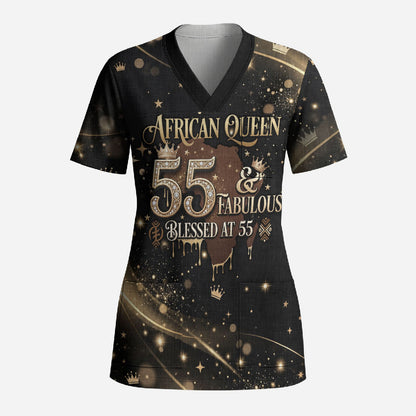 Personalized African Queen 55th Birthday Scrub Top Black Yellow Glitter Sparkle Afro Crown Glam Art
