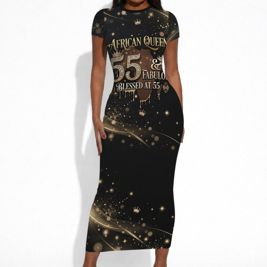 Personalized African Queen 55th Birthday Short Sleeve Bodycon Dress Black Yellow Glitter Sparkle Afro Crown Glam Art