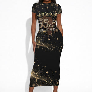Personalized African Queen 55th Birthday Short Sleeve Bodycon Dress Black Yellow Glitter Sparkle Afro Crown Glam Art