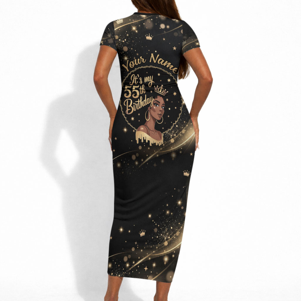 Personalized African Queen 55th Birthday Short Sleeve Bodycon Dress Black Yellow Glitter Sparkle Afro Crown Glam Art