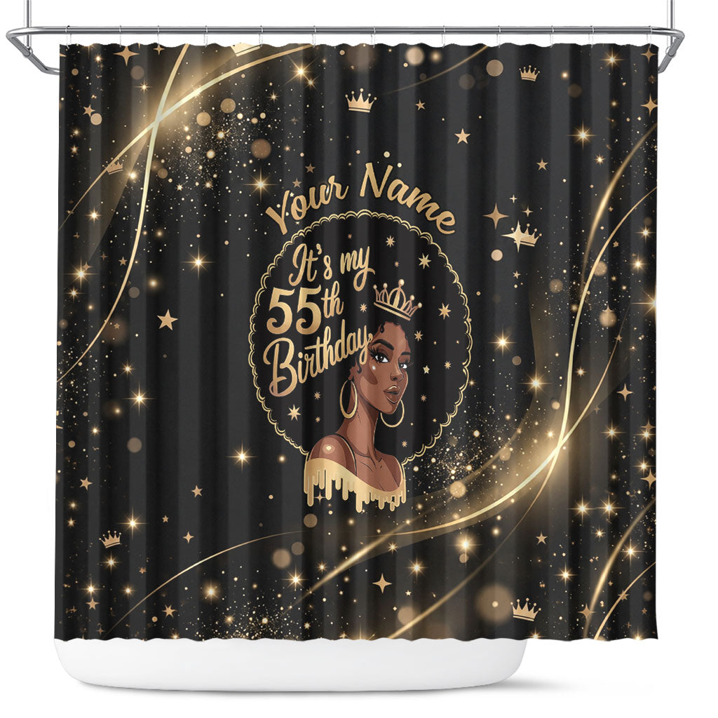 Personalized African Queen 55th Birthday Shower Curtain Black Yellow Glitter Sparkle Afro Crown Glam Art