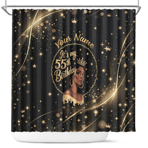 Personalized African Queen 55th Birthday Shower Curtain Black Yellow Glitter Sparkle Afro Crown Glam Art