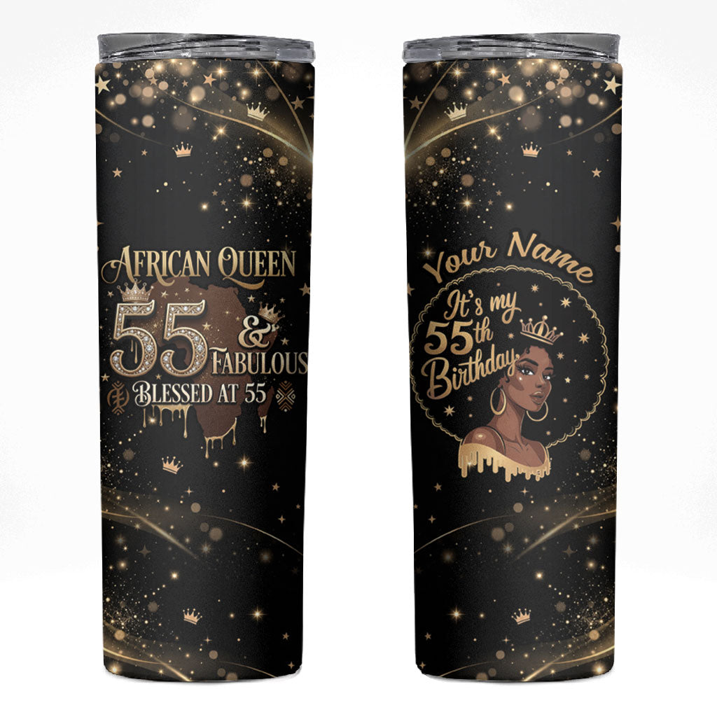 Personalized African Queen 55th Birthday Skinny Tumbler Black Yellow Glitter Sparkle Afro Crown Glam Art