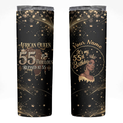 Personalized African Queen 55th Birthday Skinny Tumbler Black Yellow Glitter Sparkle Afro Crown Glam Art