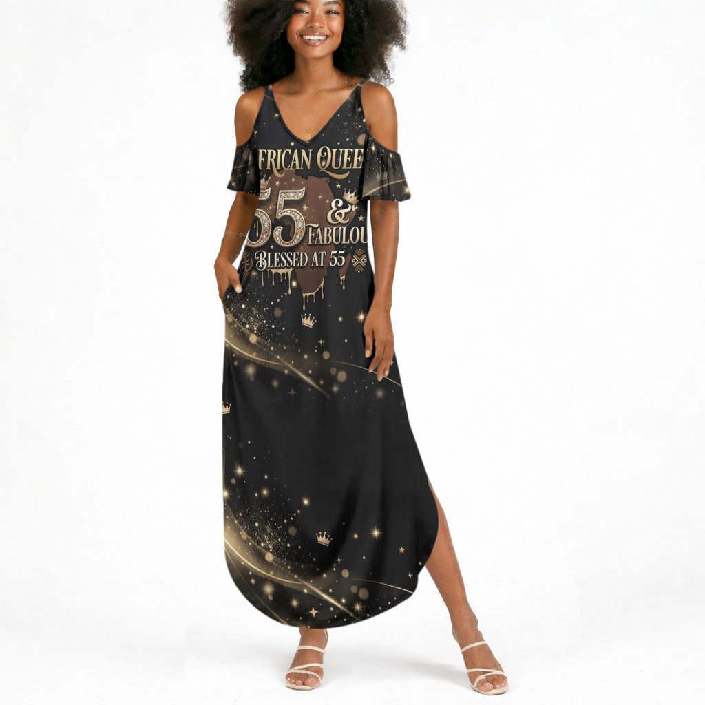 Personalized African Queen 55th Birthday Summer Maxi Dress Black Yellow Glitter Sparkle Afro Crown Glam Art