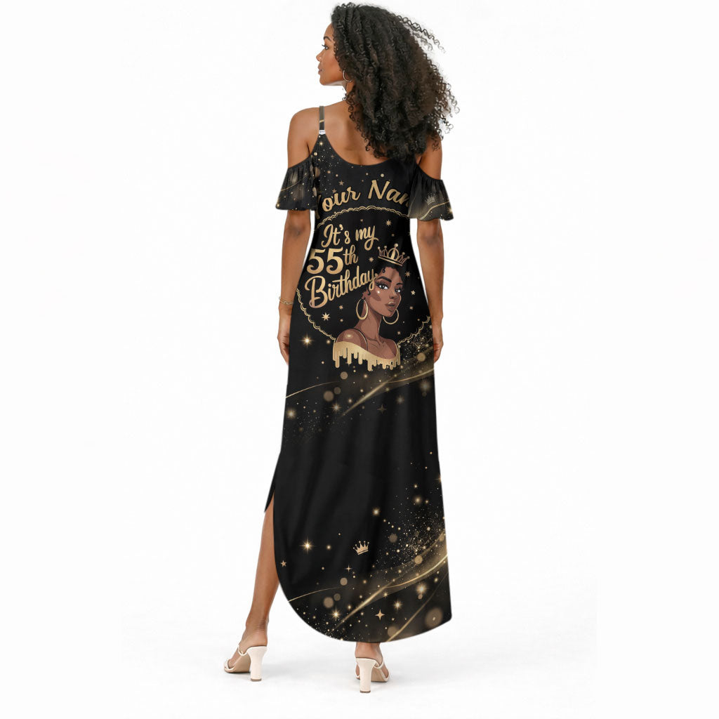 Personalized African Queen 55th Birthday Summer Maxi Dress Black Yellow Glitter Sparkle Afro Crown Glam Art
