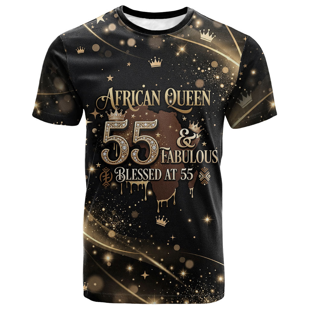 Personalized African Queen 55th Birthday T shirt Black Yellow Glitter Sparkle Afro Crown Glam Art