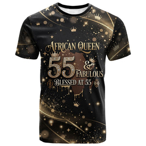 Personalized African Queen 55th Birthday T shirt Black Yellow Glitter Sparkle Afro Crown Glam Art