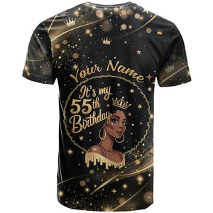Personalized African Queen 55th Birthday T shirt Black Yellow Glitter Sparkle Afro Crown Glam Art