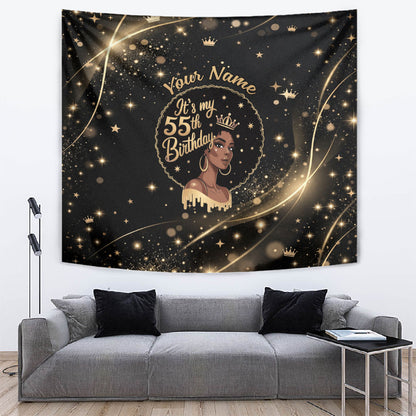Personalized African Queen 55th Birthday Tapestry Black Yellow Glitter Sparkle Afro Crown Glam Art