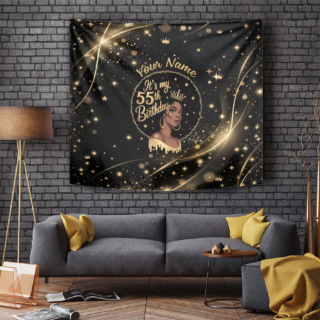 Personalized African Queen 55th Birthday Tapestry Black Yellow Glitter Sparkle Afro Crown Glam Art