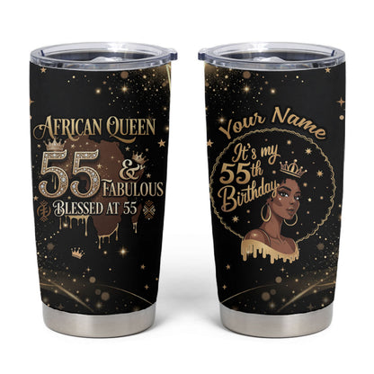 Personalized African Queen 55th Birthday Tumbler Cup Black Yellow Glitter Sparkle Afro Crown Glam Art